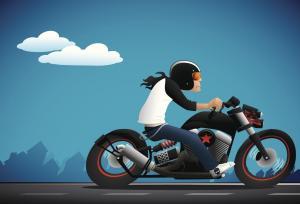 Man riding a custom motorcycle with a blue suburb background.
