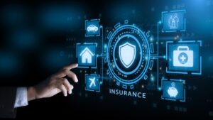 Businessman,hand,clicks,insurance,icons,to,car,,travel,,family,and