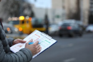 Person holding pen and accident report