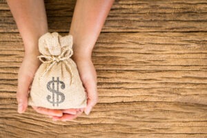 Person holding burlap bag with money sign