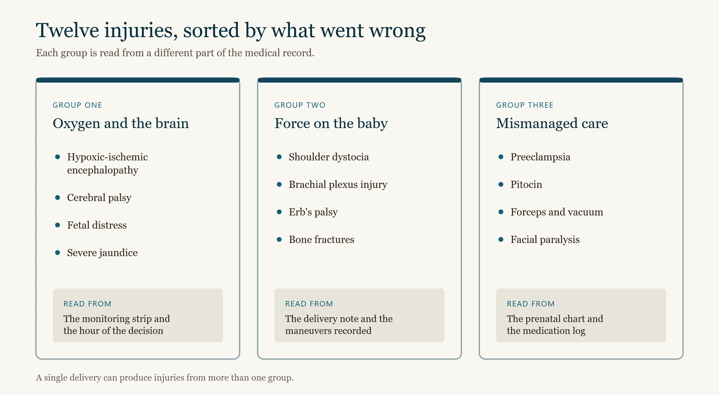 Twelve birth injuries grouped by the failure behind them: oxygen and the brain, force applied to the baby, and a condition or a drug that was mismanaged, each with the part of the medical record that shows it