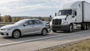 Commercial truck stopped behind a sedan with rear-end damage on a highway shoulder.