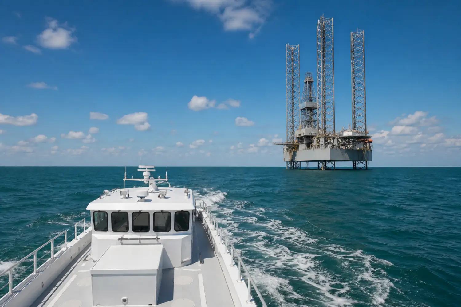 Crew boat approaching a jack-up drilling rig in the Gulf of Mexico