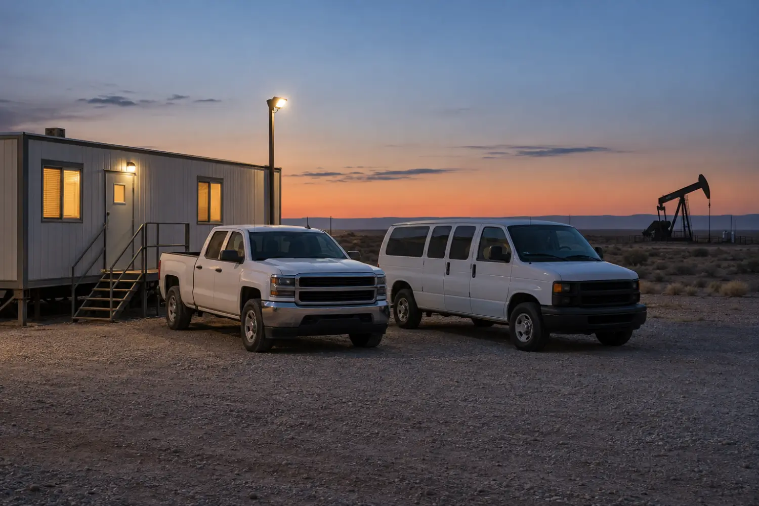 Pickup and crew van parked at a remote well site office at dusk