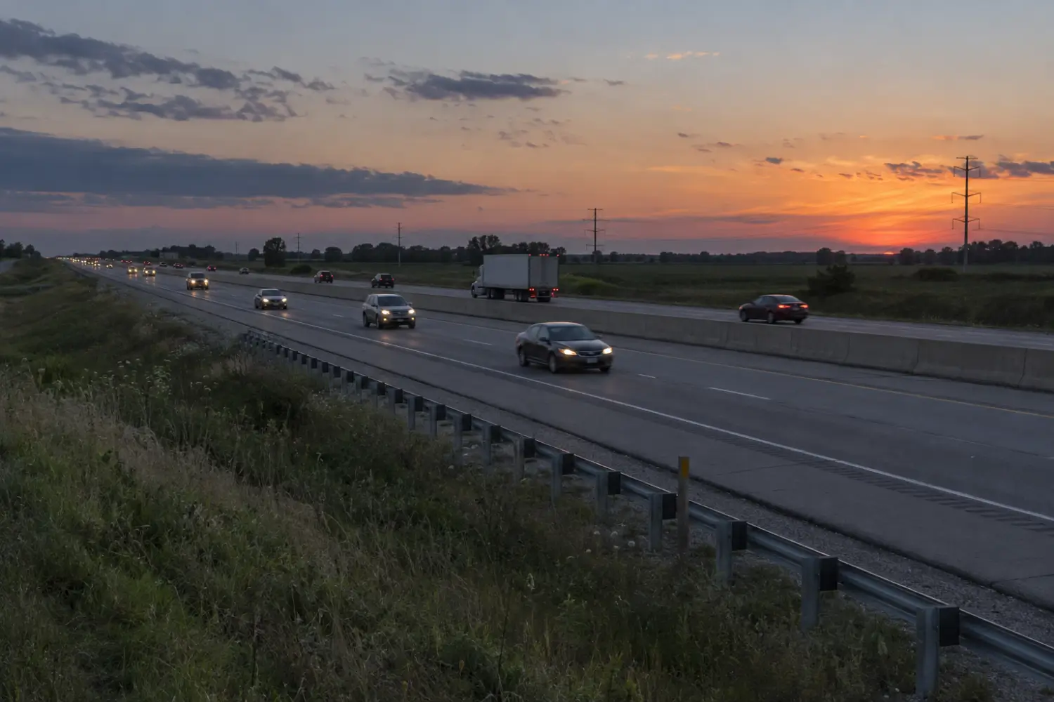 Traffic on a divided highway at dusk, seen from the roadside with headlights and taillights on