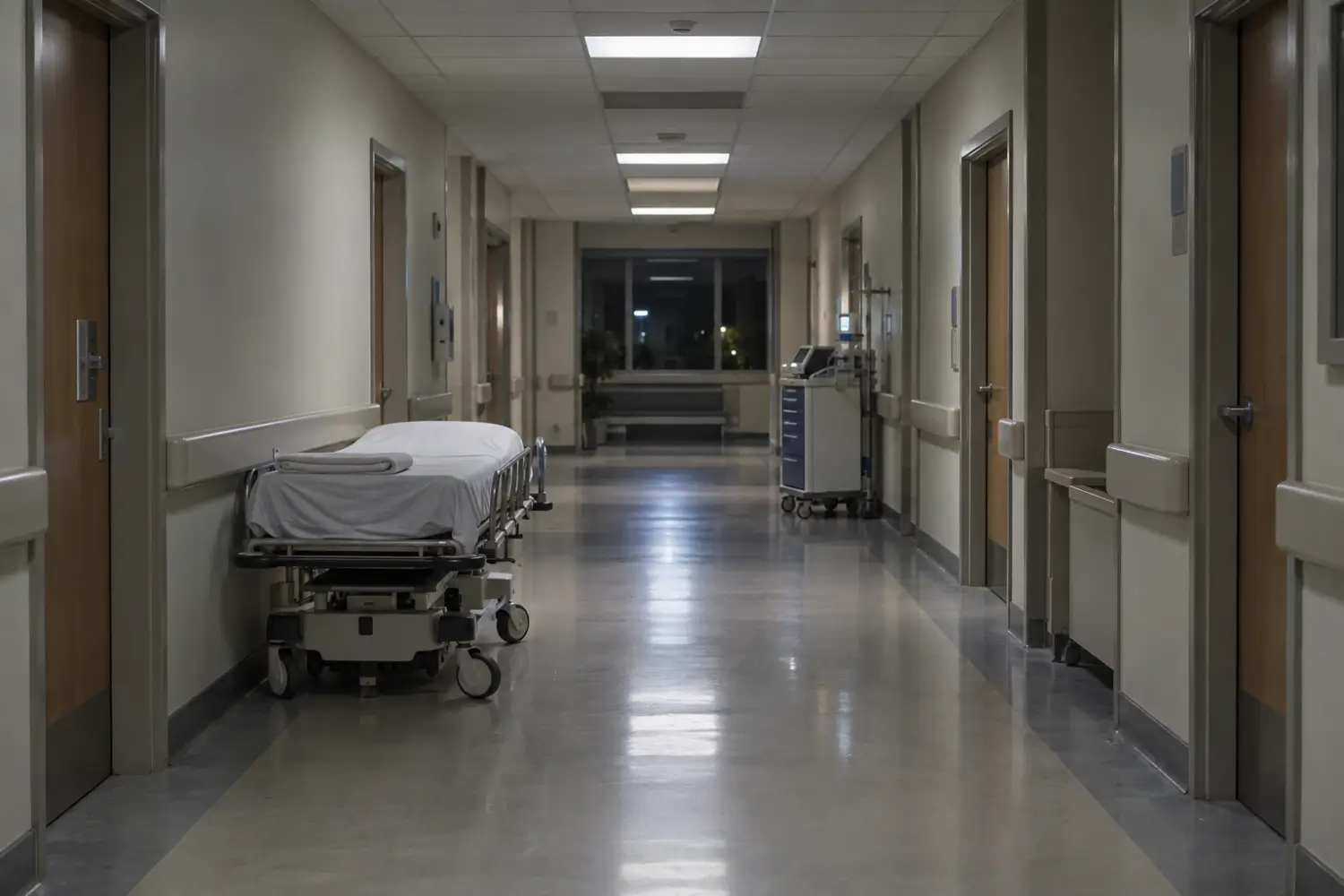 Quiet hospital corridor at night with a made-up gurney parked against the wall