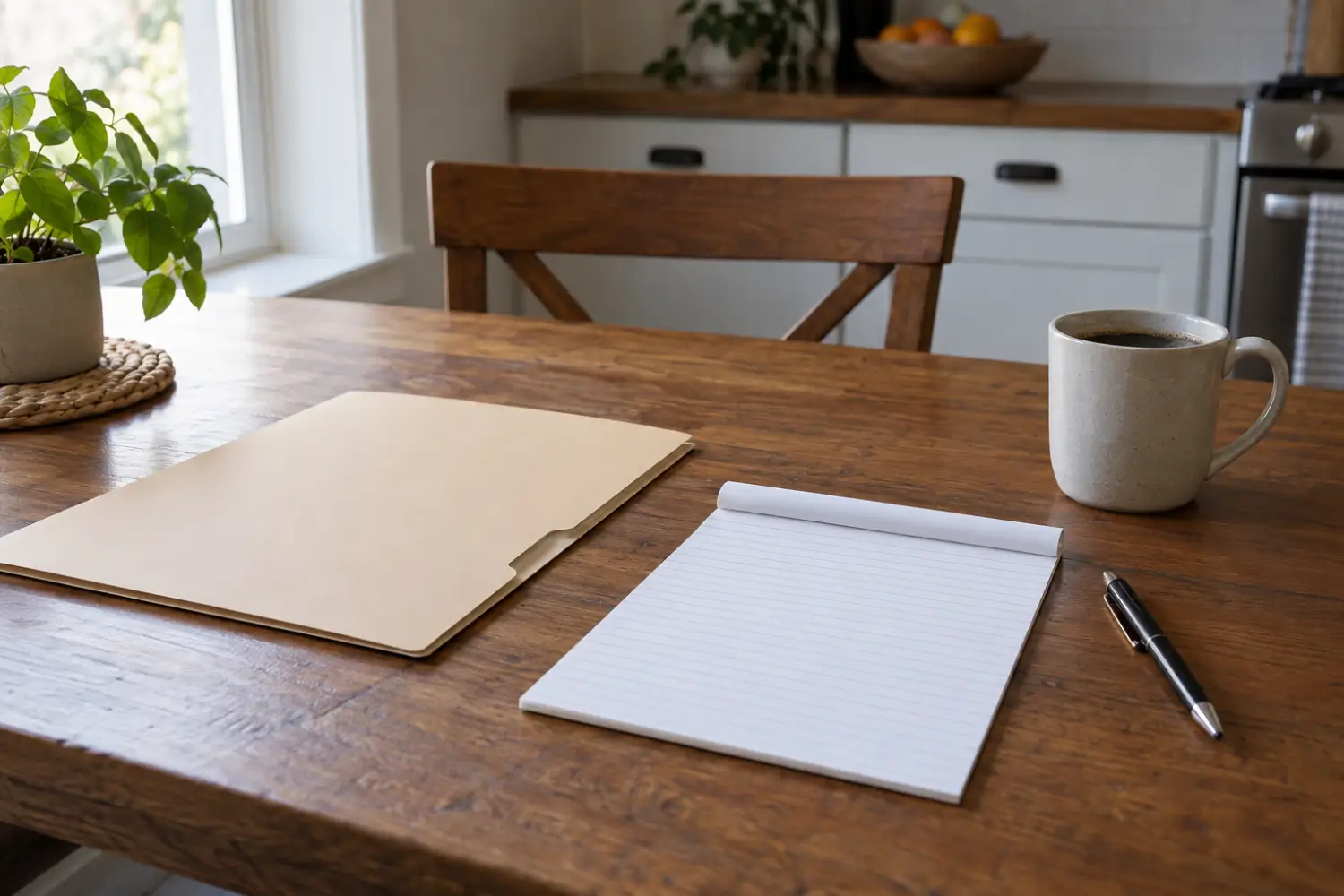 A kitchen table with a folder of documents and a notepad, ready for a family meeting