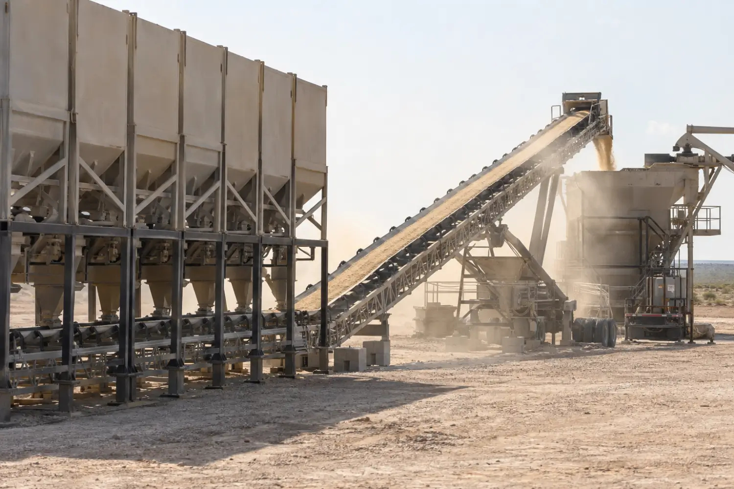 Frac sand containers and a conveyor on a well pad, with dust visible in the air