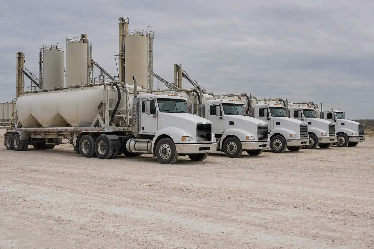 Line of frac sand trailers parked beside a caliche well pad