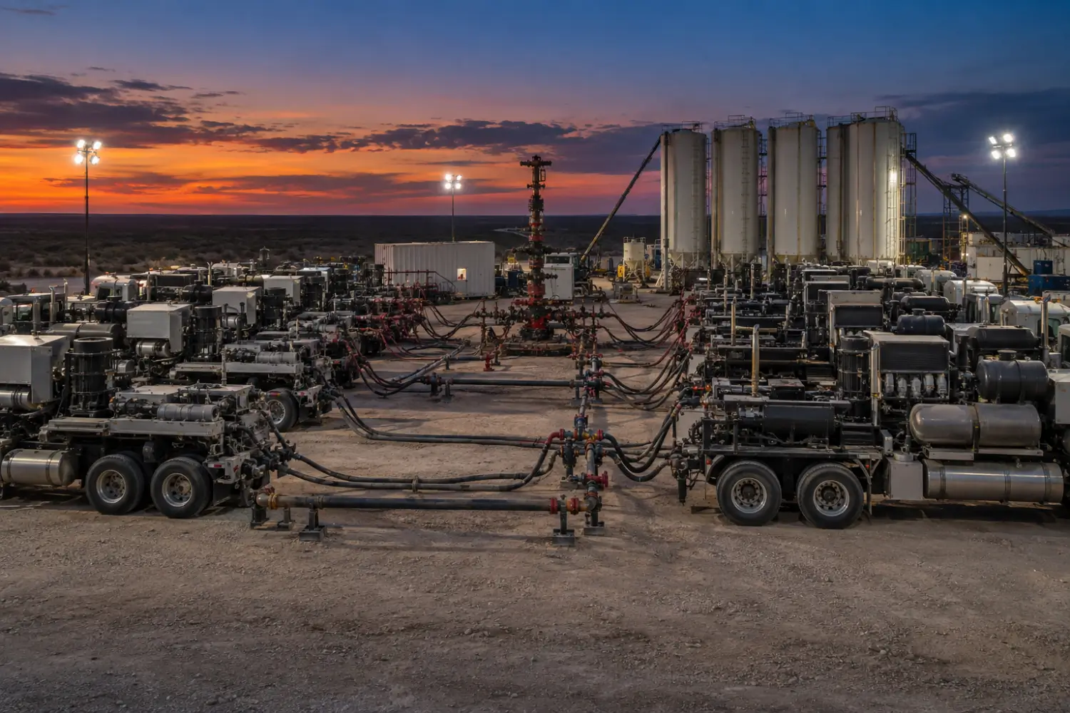 Frac spread on a well pad in West Texas, with pump trucks and sand containers lined up beside the wellhead