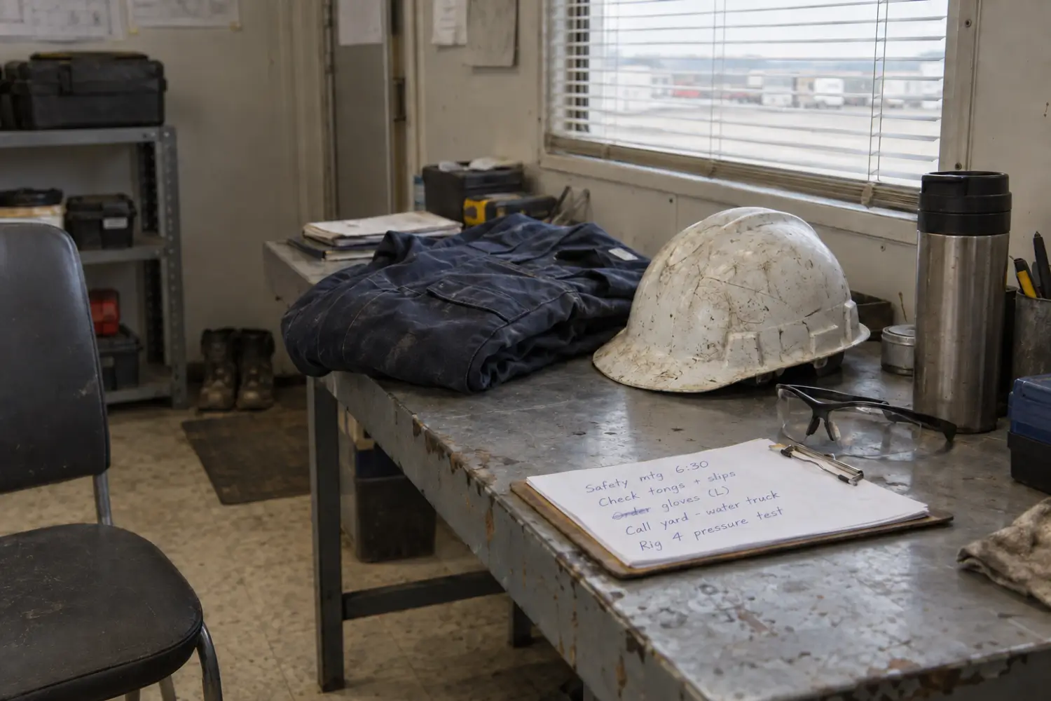 Scuffed hard hat, folded work coveralls and a clipboard of handwritten job notes on a field office workbench