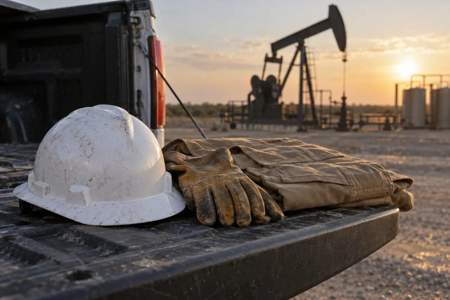 Hard hat, gloves and flame-resistant coveralls resting on a truck tailgate