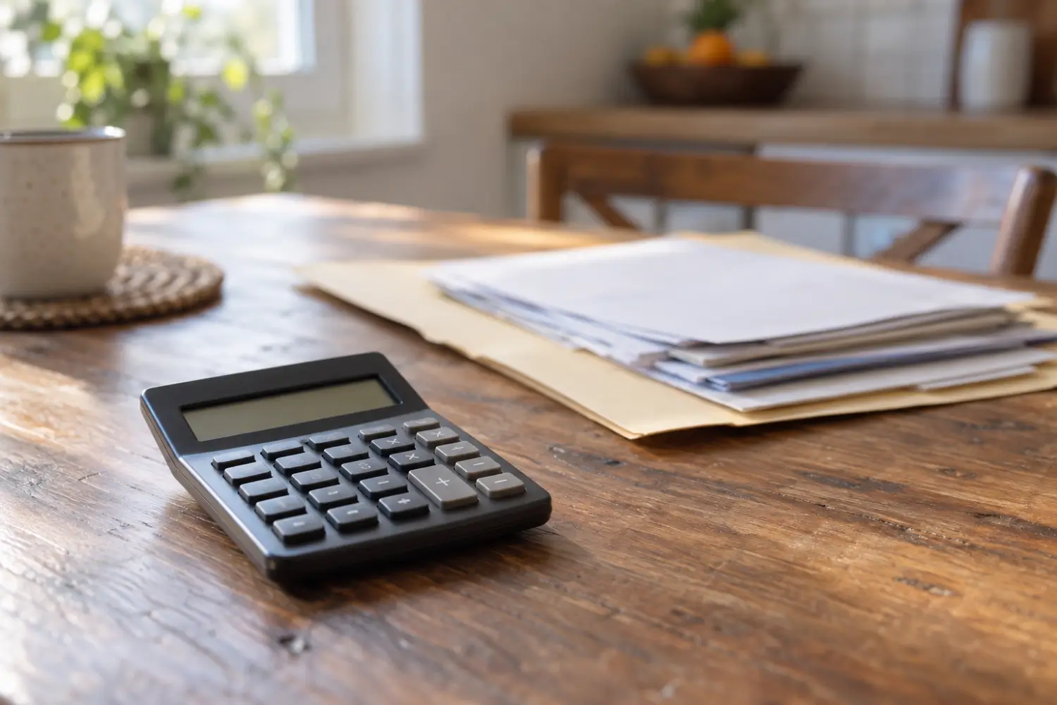 Calculator beside a folder of papers on a wooden kitchen table