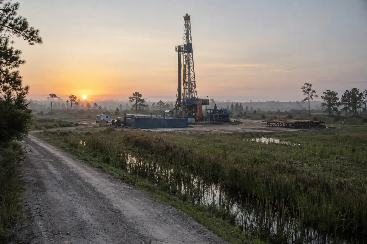 Land drilling rig on a well pad in flat coastal grassland at sunrise, beside a dirt lease road and a ditch