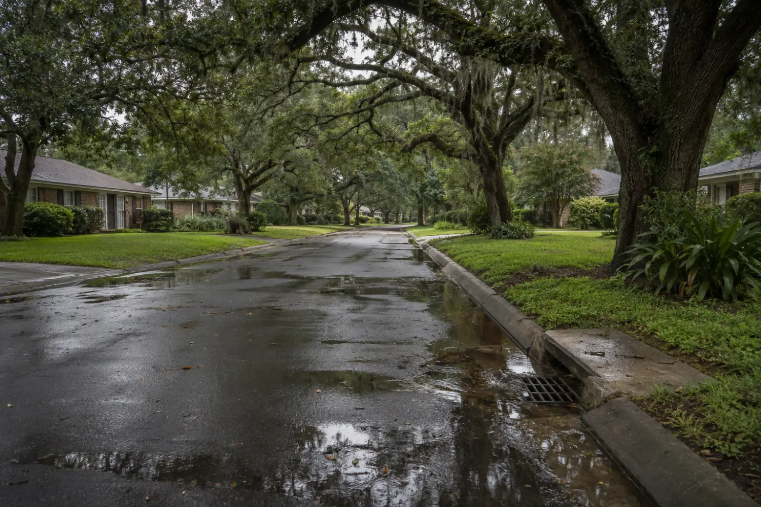 Live oak trees arching over a wet residential street after an afternoon rain