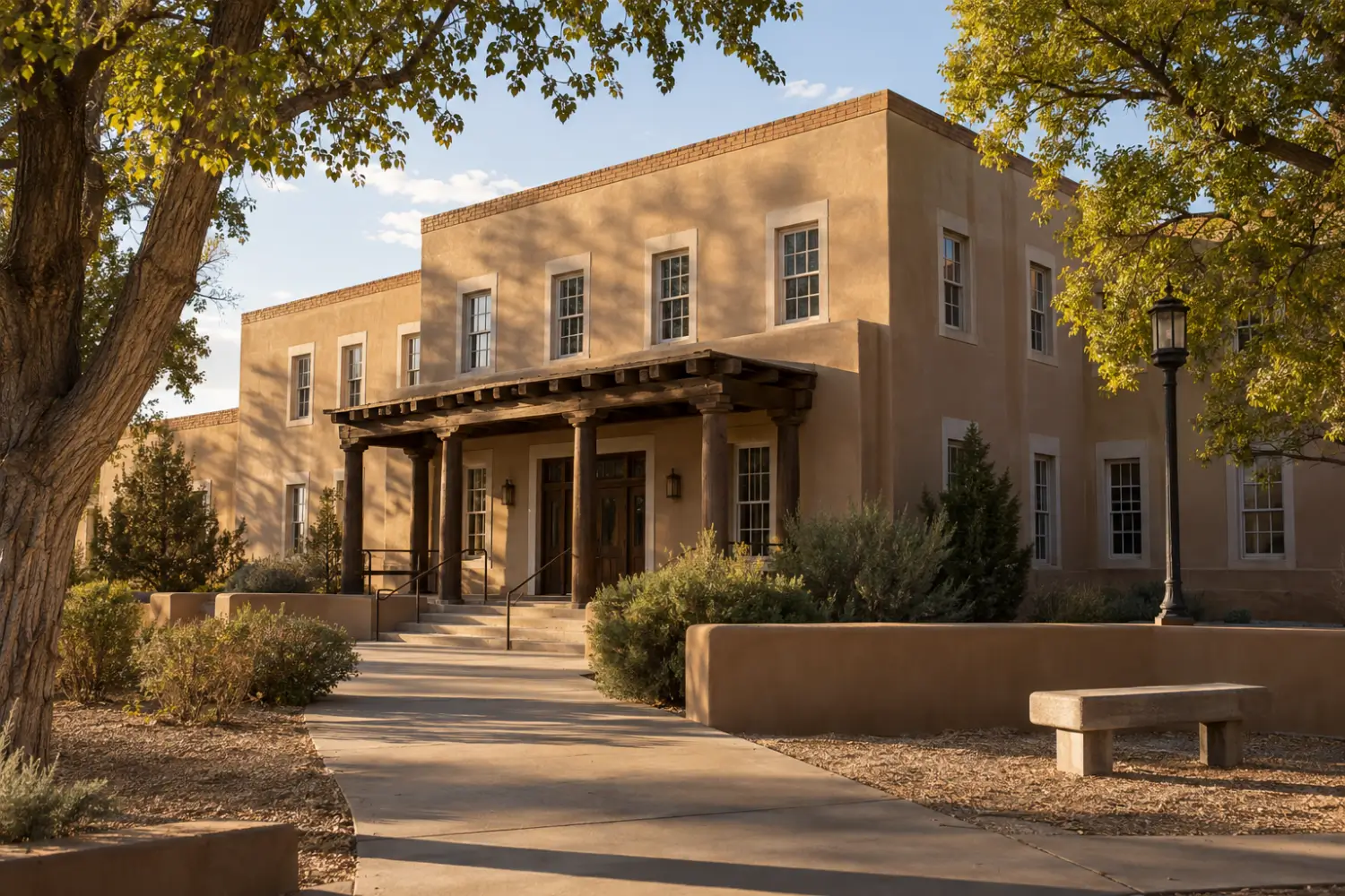 A quiet New Mexico courthouse exterior in late afternoon light