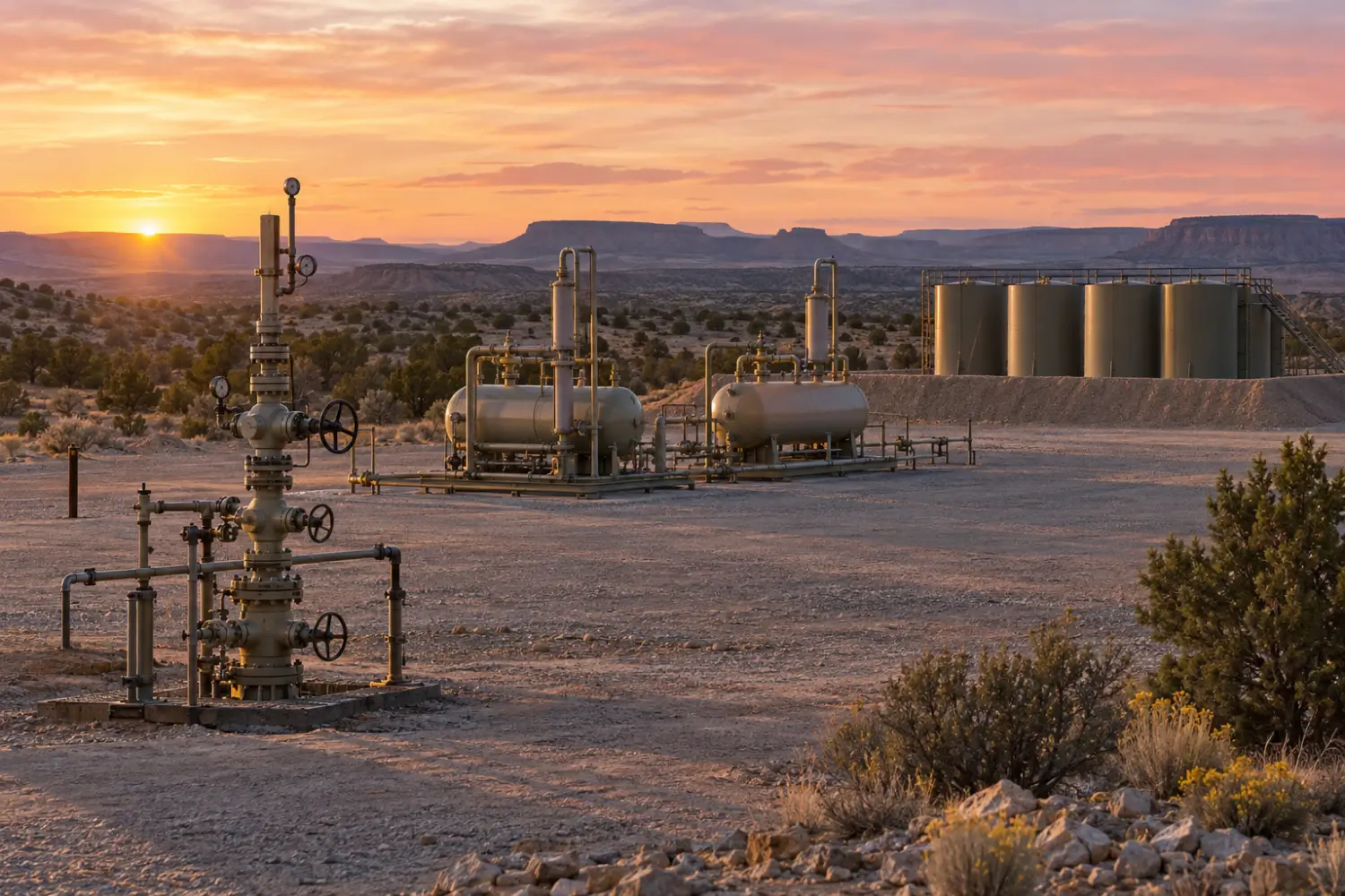 Gas well site in the New Mexico desert at sunrise, with a wellhead, separators and a line of tanks