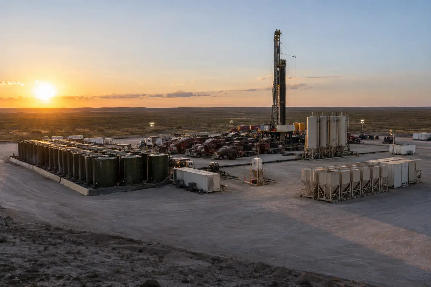 Well pad with tanks and sand containers during completion work