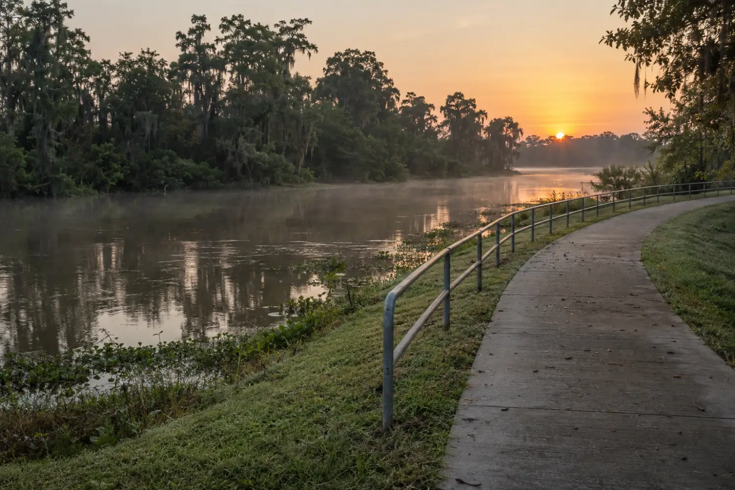 Paved walking trail beside a grassy bayou with trees on the far bank at sunrise
