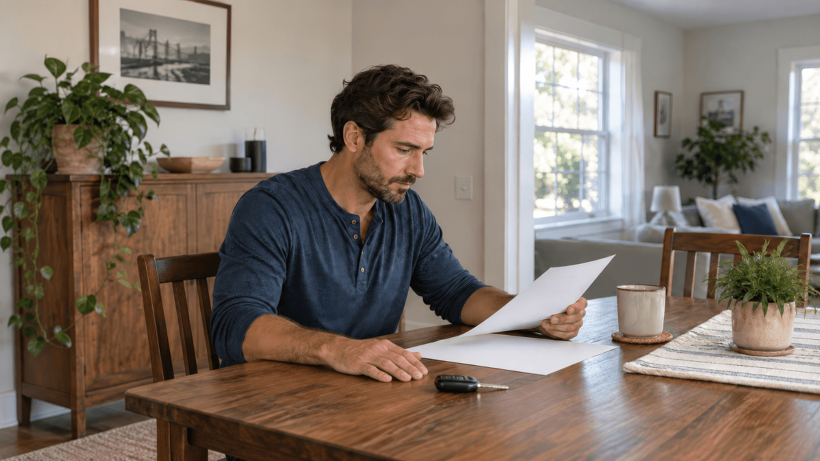 A person reviews paperwork at a dining table with car keys nearby.