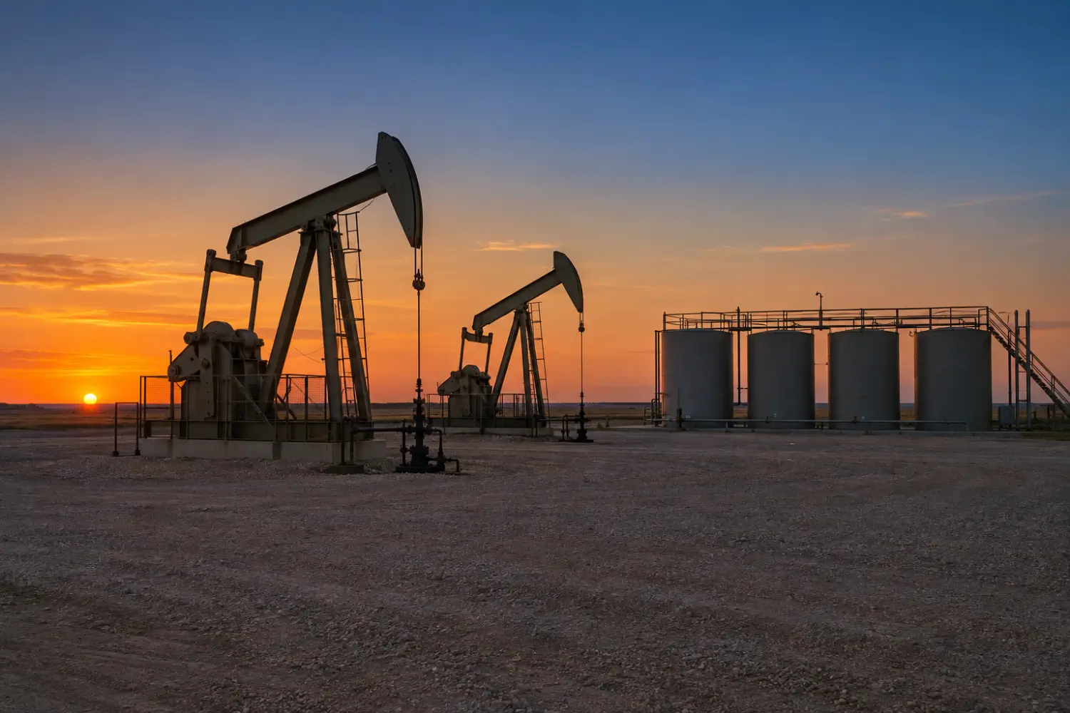 Pumpjacks and storage tanks on a West Texas lease at dusk
