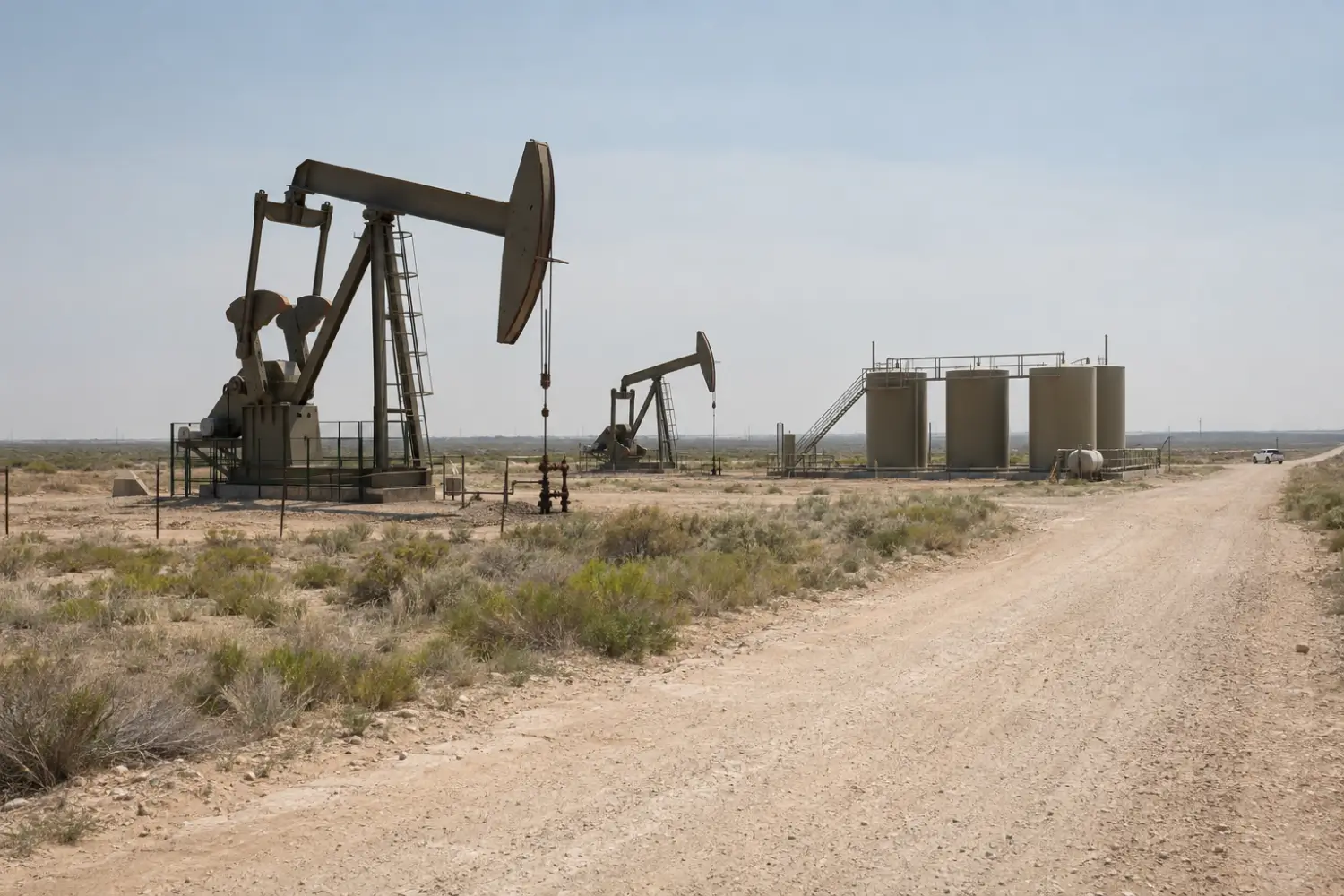 Pumpjacks and storage tanks beside an unpaved oilfield lease road