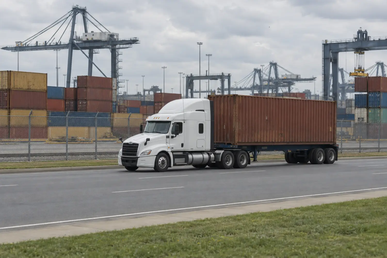 Semi truck hauling a plain shipping container on a road beside port cranes and stacked containers