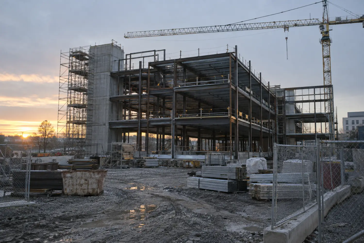Unfinished steel frame building on a quiet construction site at dawn with scaffolding and a crane