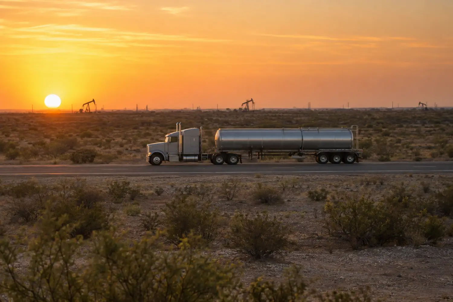 Tanker truck on a two-lane highway through the Permian Basin at sunrise