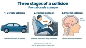 Three-part frontal-crash model showing vehicle impact, restrained occupant movement, and movement or deformation of tissue inside the body.
