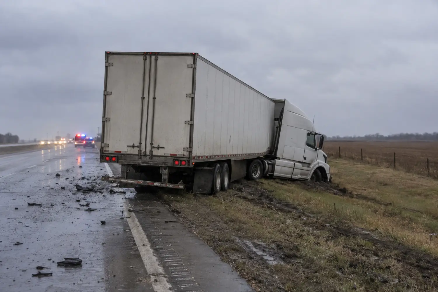 Tractor trailer run off a wet highway onto the grass shoulder, with debris on the road and emergency lights behind