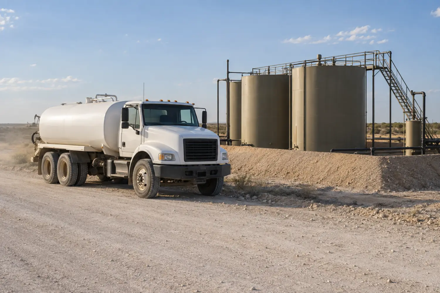 Water truck and tank battery on an unpaved lease road
