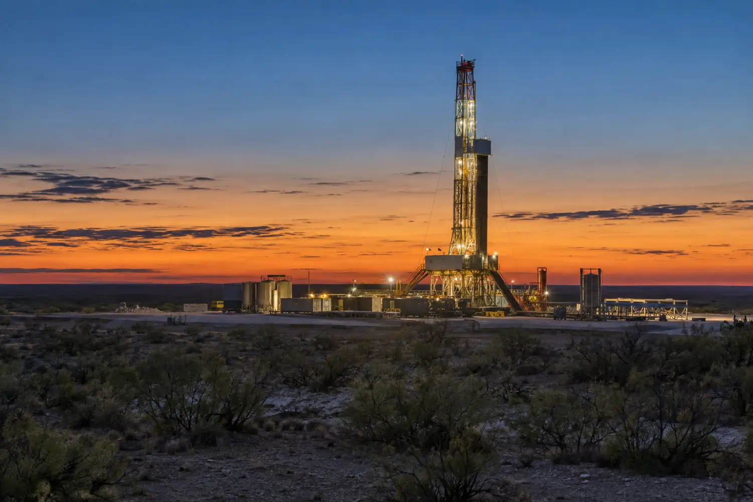 Land drilling rig on a caliche well pad in West Texas at dusk