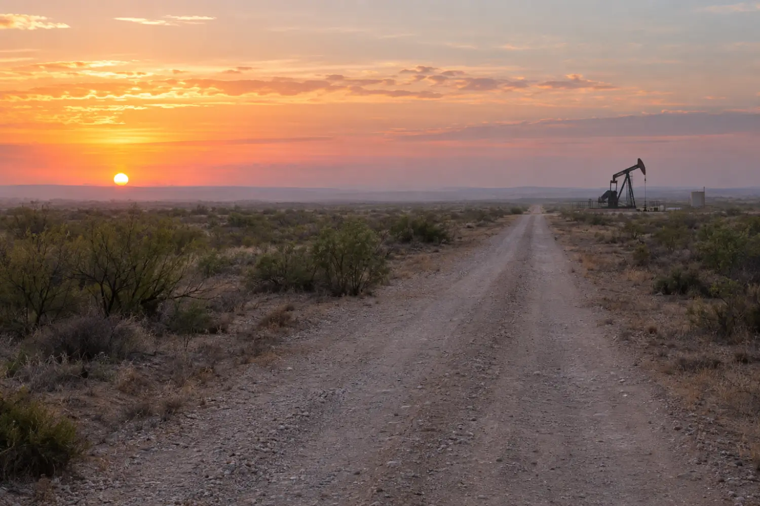A quiet West Texas lease road at dawn with a pumpjack in the distance