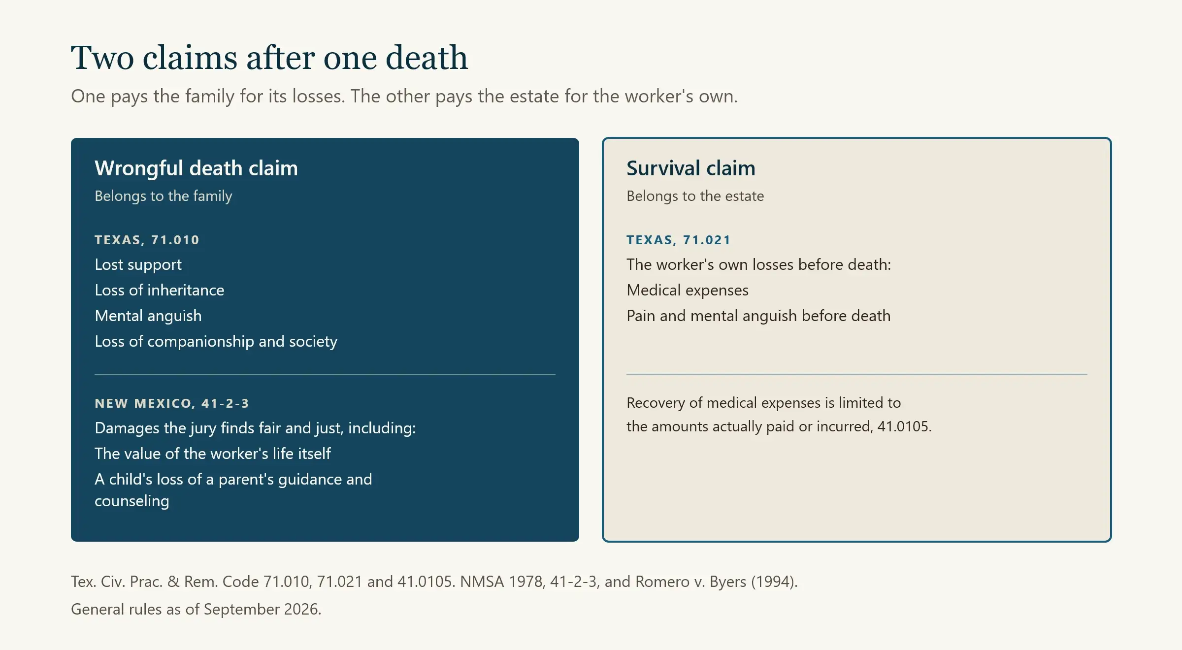 Diagram separating the wrongful death claim, which pays the family, from the survival claim, which pays the estate