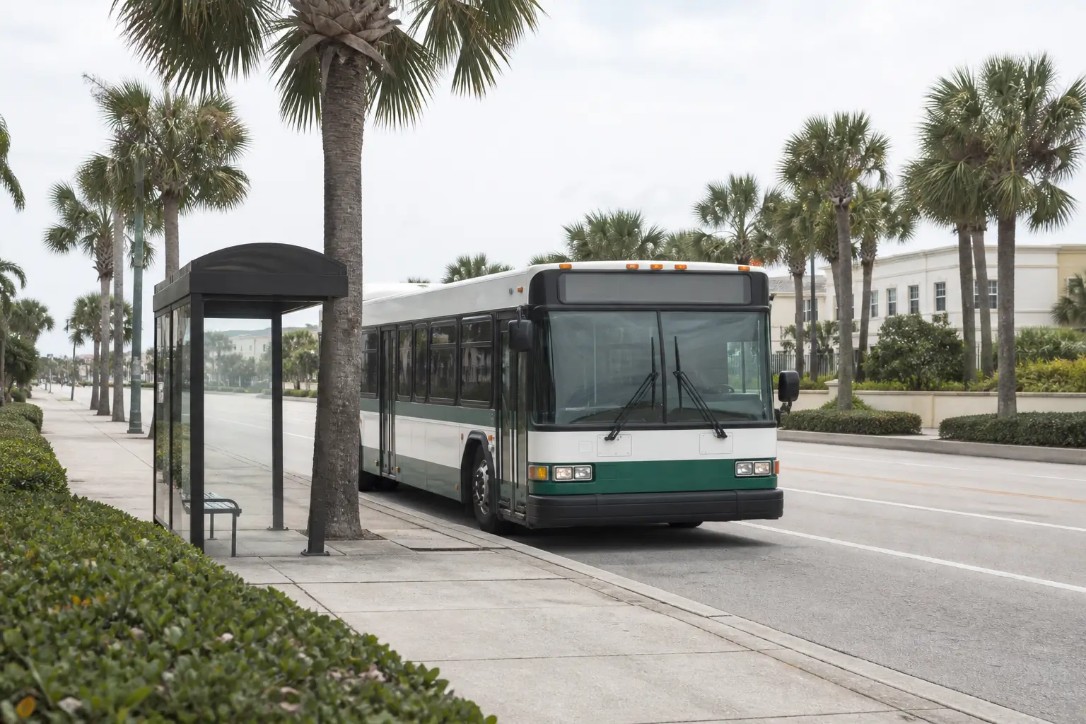 A city transit bus stopped at a curbside shelter on a palm-lined Florida street.