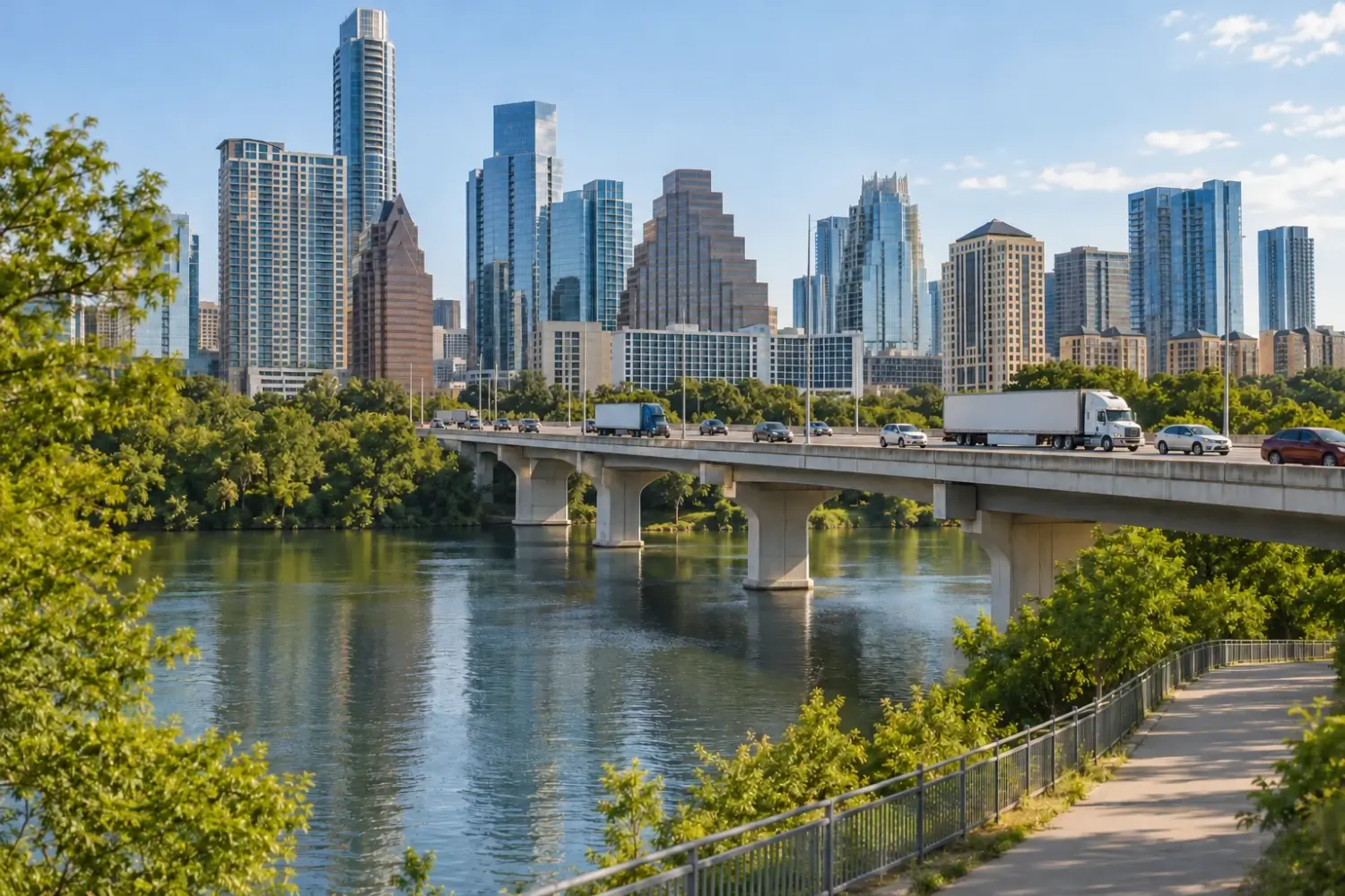 Tractor-trailers and cars on the I-35 bridge over Lady Bird Lake with the downtown Austin skyline behind