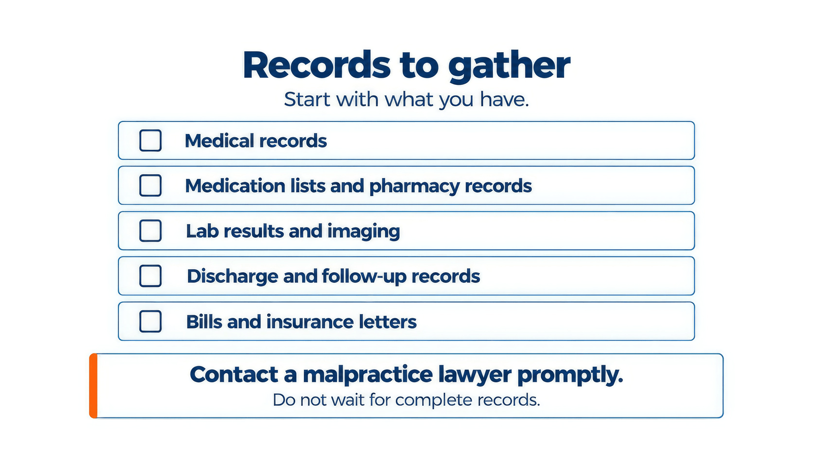 Checklist of records to gather: medical, pharmacy, lab and imaging, discharge and follow-up, and billing records.