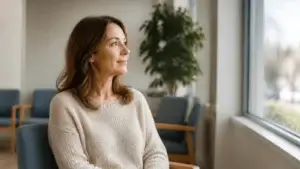 A woman sits beside a window in a clinic waiting room, looking outside.