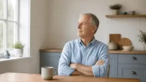 A man with gray hair sits at a kitchen table with his arms folded, looking toward a window.