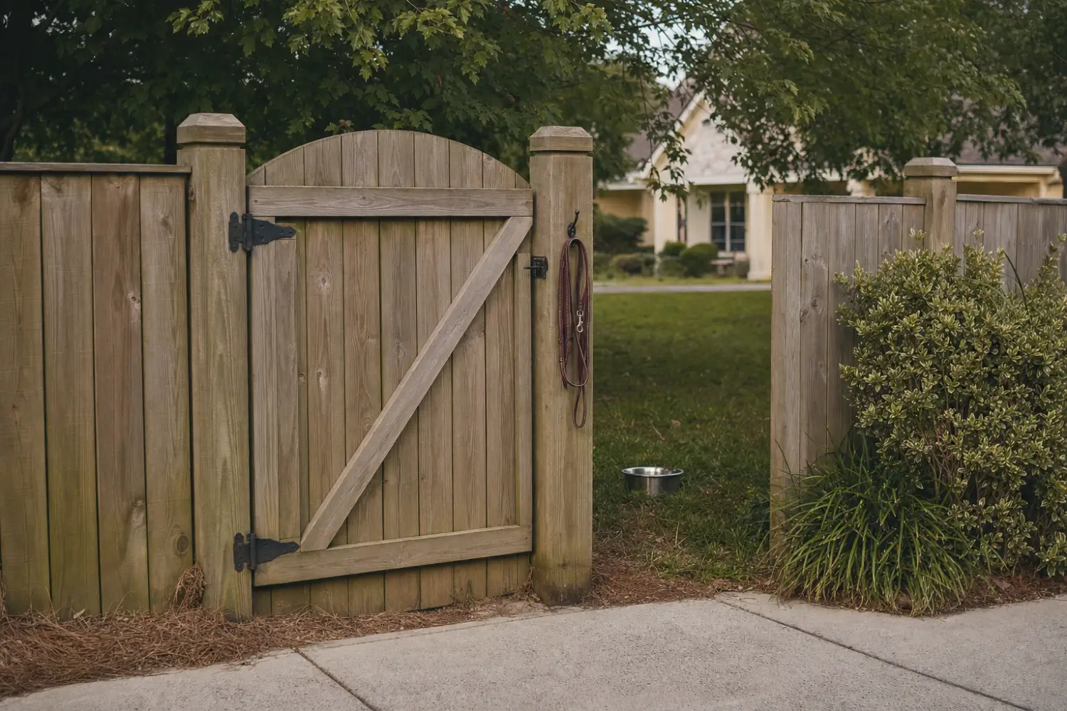 Closed wooden backyard gate with a coiled dog leash on the gate post and a dog bowl on the lawn