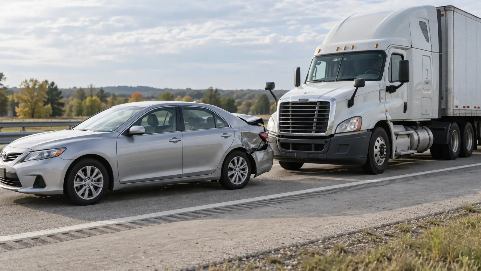 Commercial truck stopped behind a sedan with rear-end damage on a highway shoulder.