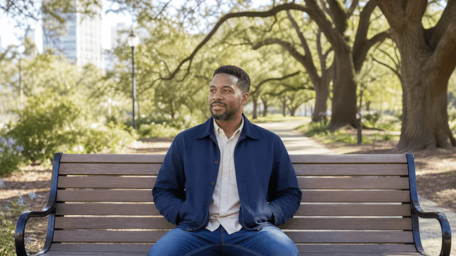 A man sits on a park bench under oak trees on a bright morning.