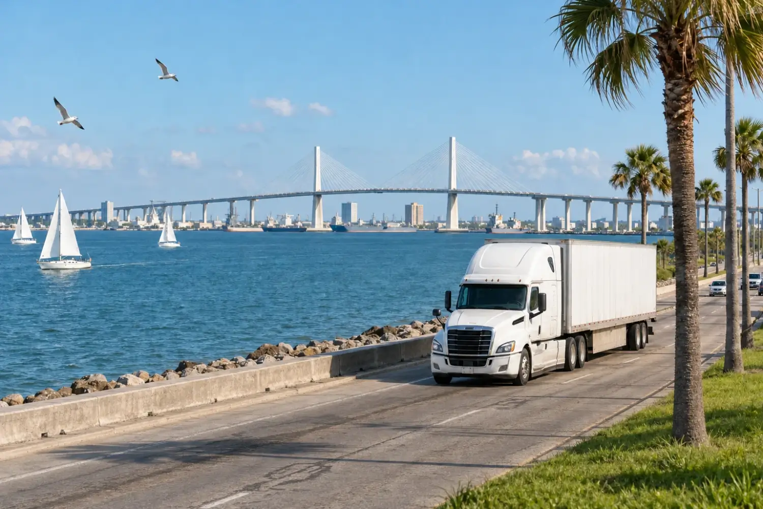 Tractor-trailer on a causeway beside Corpus Christi Bay with palm trees, sailboats and a cable-stayed bridge