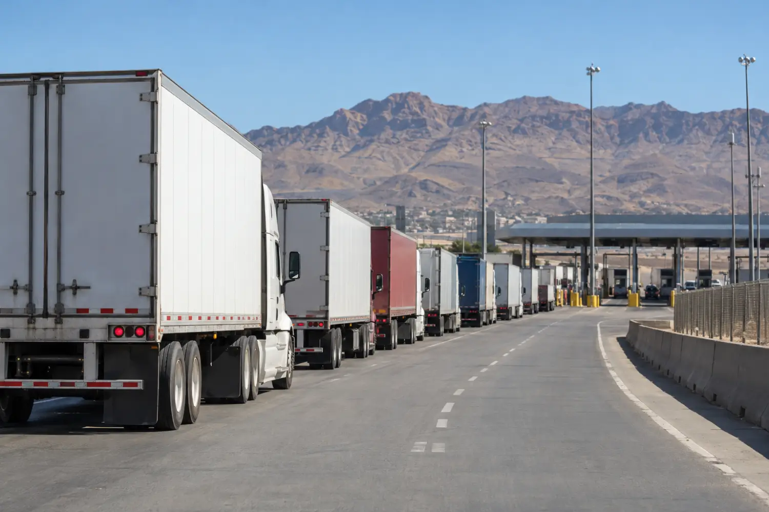 Semi trucks lined up at a cargo crossing in El Paso below desert mountains
