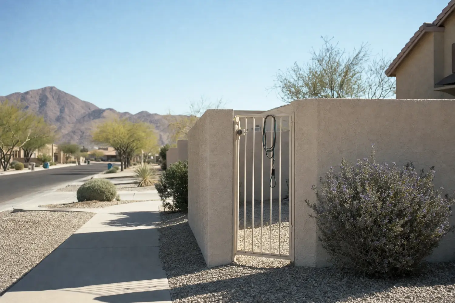 Closed metal gate in a stucco wall with a dog leash hanging on it beside a desert neighborhood sidewalk