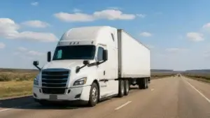 A white semi truck with a plain trailer drives on an open Texas interstate.