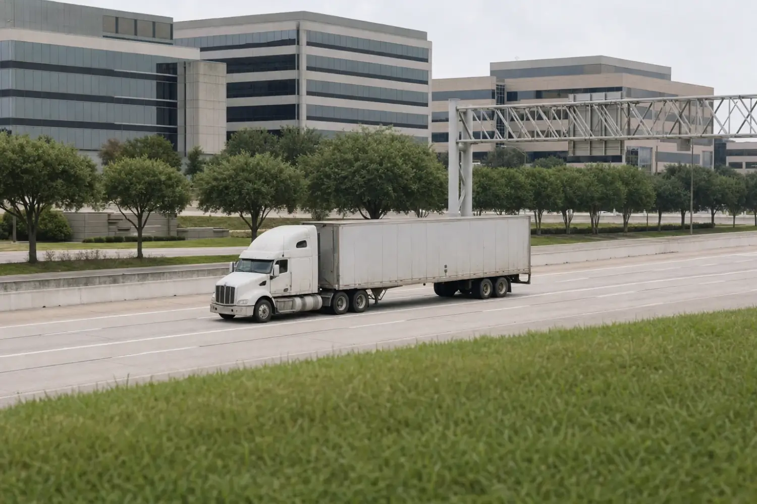 Tractor-trailer on a multilane highway with office buildings and trees along the median