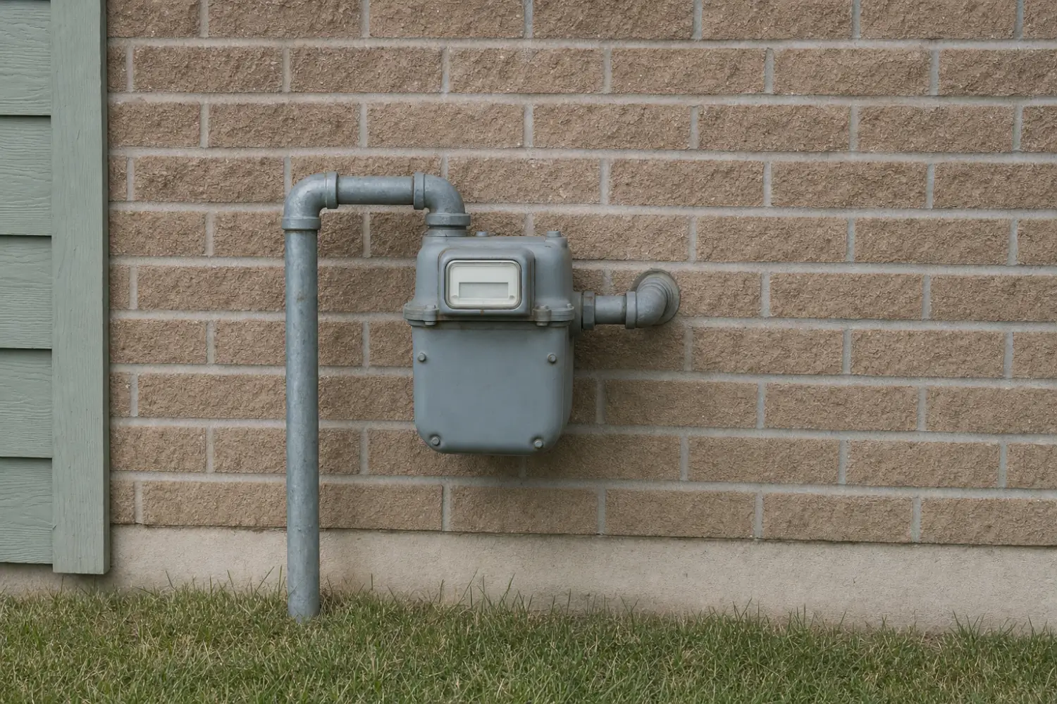Natural gas meter mounted on a brick house wall with a steel service pipe rising from the lawn