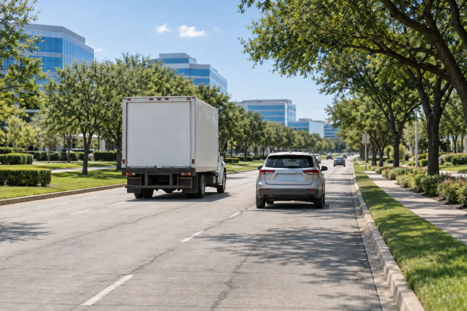 Box delivery truck beside an SUV on a tree-lined Plano parkway past corporate campus buildings